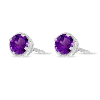14K White Gold 4mm Round Amethyst Millgrain Halo Earrings