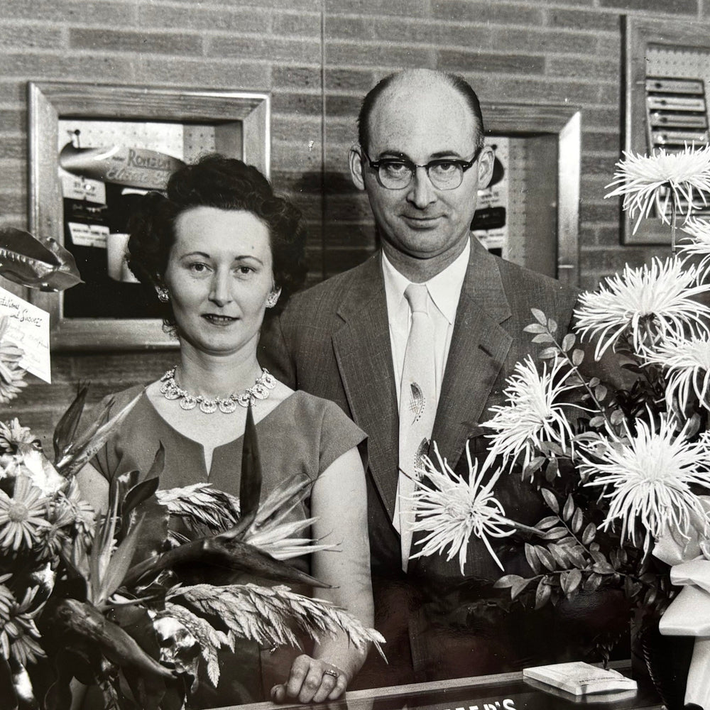 Edward and Maxine Gordon at the counter of the original Gordon Jewelers store in Kansas City