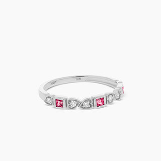 10K White Gold Ruby and Diamond Stackable Band