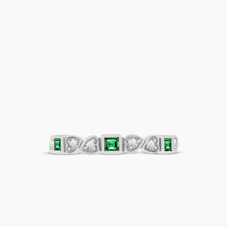 14K White Gold Emerald and Diamond Stackable Band