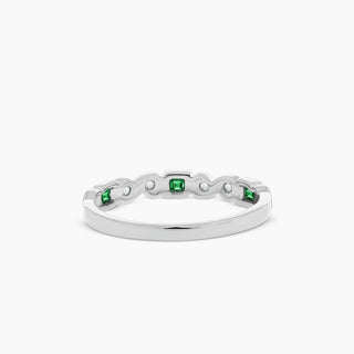 14K White Gold Emerald and Diamond Stackable Band