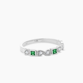14K White Gold Emerald and Diamond Stackable Band