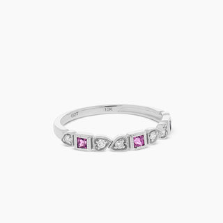 10K White Gold Pink Tourmaline and Diamond Stackable Band