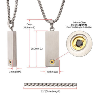 1.6mm Black Sapphire Gem on Matte Finish Steel Dog Tag Vulcan Pendant