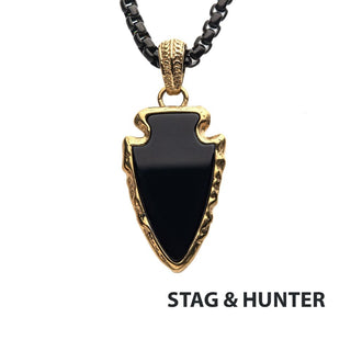 Black Agate with Gold IP Frame Stainless Steel Arrowhead Necklace