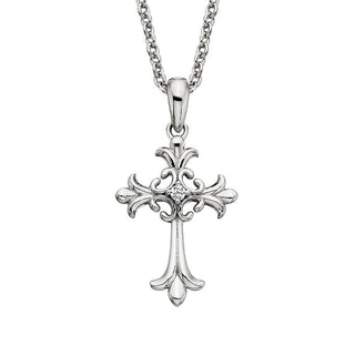 Sterling Silver White Topaz Accented Fleur Cross Necklace