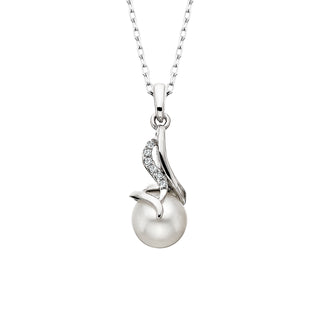 Pearl and Diamond Drop Pendant in 10k white gold