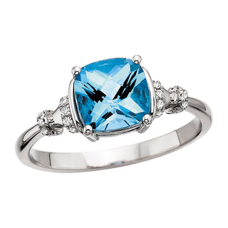 Cushion Cut Blue Topaz Ring in 10k white gold
