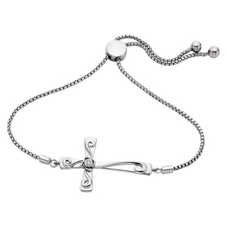 Sterling Silver Diamond Accented Sideways Cross Bolo Bracelet