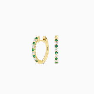 14K Yellow Gold Emerald and Diamond Hoop Earrings
