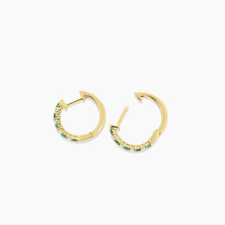 14K Yellow Gold Emerald and Diamond Hoop Earrings