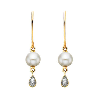 10K Yellow Gold Pearl and Diamond Teardrop Earrings