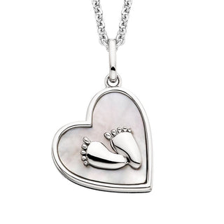 Mommy Chic - Sterling Silver Mother of Pearl Baby Footprints Heart Pendant