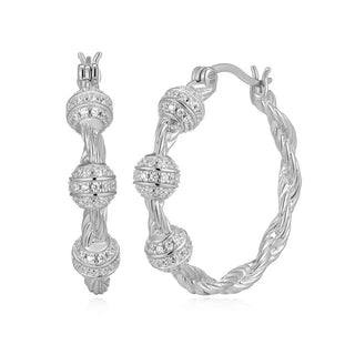 Sterling Silver Twisted CZ Ball Hoop Earrings