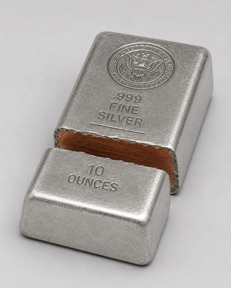 Counterfeit silver bar cut open showing copper core
