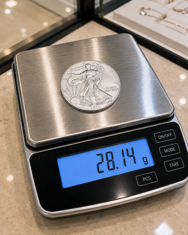 State-certified scale weighing a gold coin at Gordon Jewelers