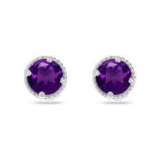 14K White Gold 4mm Round Amethyst Millgrain Halo Earrings
