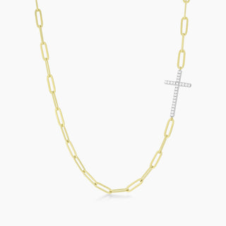 Paperclip Cubic Zirconia Cross Necklace with Yellow Gold Overlay