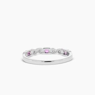 10K White Gold Pink Tourmaline and Diamond Stackable Band
