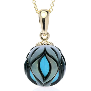 14K Yellow Gold Tahitian Carved Pearl with Turquoise Center Pendant