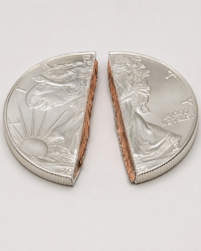 Counterfeit gold bar cut in half showing copper core