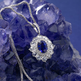 14K White Gold Oval Sapphire and Diamond Necklace