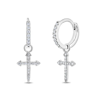 Sterling Silver CZ Cross Dangle Hoop Earrings