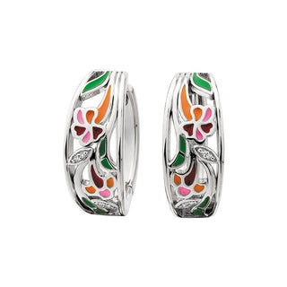 Sterling Silver White Topaz Floral Enamel Hoop Earrings
