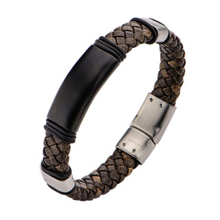 Brown Braided Full Grain Cowhide Leather Steel Clasp Bracelet