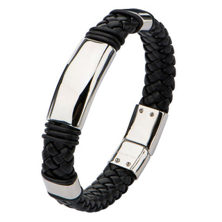 Stainless Steel Black Full Grain Cowhide Leather Bracelet