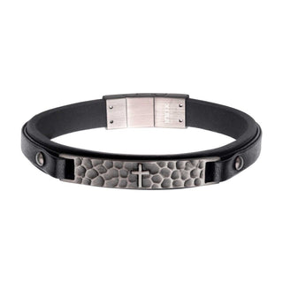 Black Leather Bracelet with Cross Hammered Design
