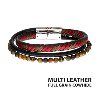 Tiger Eye Beads with Brown & Red Full Grain Cowhide Leather Layered Bracelet