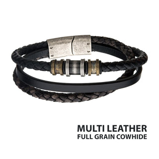 Steel Antiqued Finish Gold and Silver Beads with Black Multi Leather Full Grain Cowhide Layered Bracelet