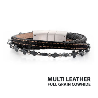 Denim, Black & Brown Full Grain Cowhide Leather with Hematite Cross Bead Multi-Strand Bracelet