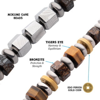 8mm Mokume Gane, Bronzite and Tiger's Eye Beads Bushido Virtue Bracelet - GI: Integrity