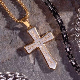 18K Gold IP Chiseled Tribal Cross Necklace