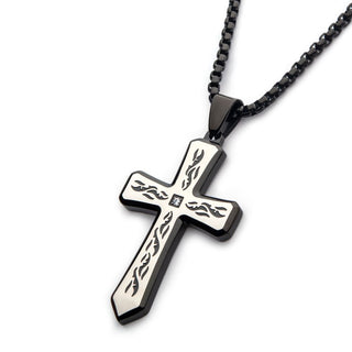 Stainless Steel Black IP Tribal Cross Necklace