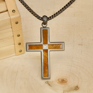 Gun Metal IP Steel Matte Finish Whiskey Barrel Wood Inlay with CZ Cross Pendant