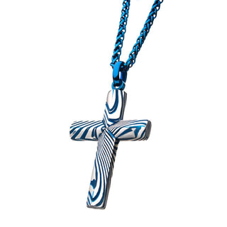 Blue IP Damascus Steel Cross Necklace